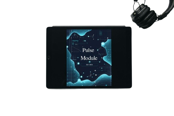 Tablet displaying 'Pulse Module' on a transparent background with headphones 