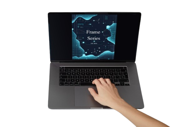 Laptop on a gray surface with a hand interacting with the keyboard, displaying 'Frame Series' on the screen.