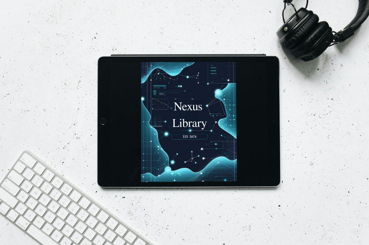 Tablet displaying 'Nexus Library' on a white surface with headphones and 